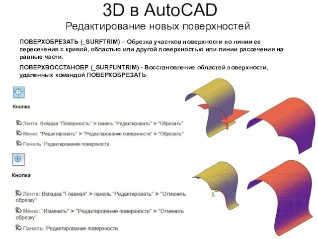 3D в AutoCAD Редактирование новых поверхностей ПОВЕРХОБРЕЗАТЬ (_SURFTRIM) – Обрезка участков