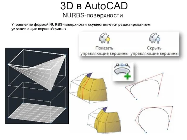 3D в AutoCAD NURBS-поверхности Управление формой NURBS-поверхности осуществляется редактированием управляющих вершин/кривых