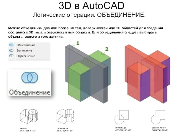 3D в AutoCAD Логические операции. ОБЪЕДИНЕНИЕ. Можно объединить два или более