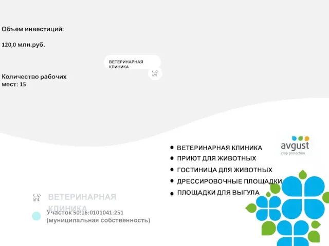 ВЕТЕРИНАРНАЯ КЛИНИКА Участок 50:16:0101041:251 (муниципальная собственность) ВЕТЕРИНАРНАЯ КЛИНИКА Объем инвестиций: 120,0 млн.руб. Количество рабочих мест: 15