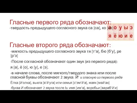 Гласные второго ряда обозначают: -мягкость предыдущего согласного звука тя [т’а], бю