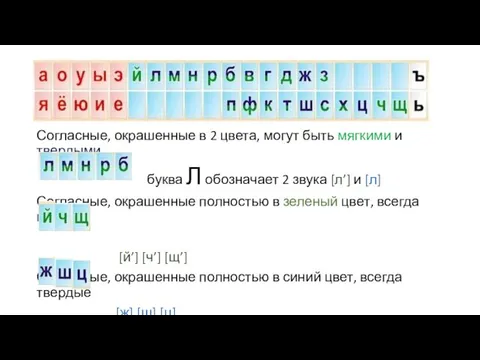 Согласные, окрашенные в 2 цвета, могут быть мягкими и твердыми буква