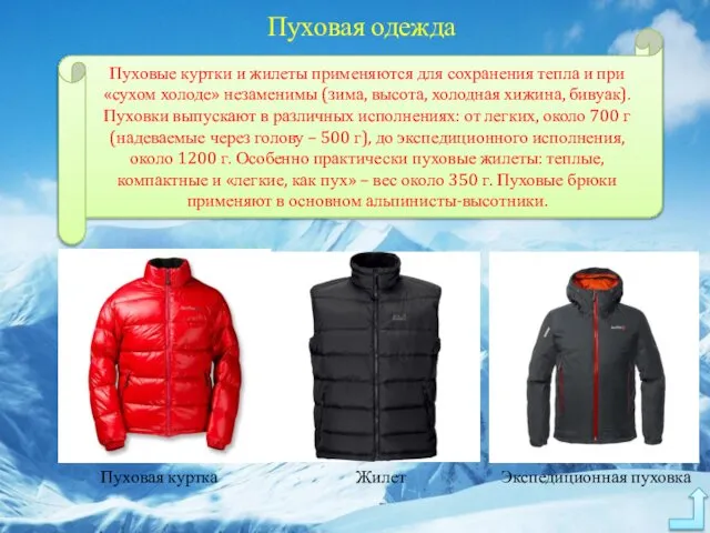 Пуховая одежда Пуховые куртки и жилеты применяются для сохранения тепла и