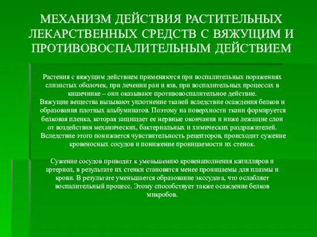 МЕХАНИЗМ ДЕЙСТВИЯ РАСТИТЕЛЬНЫХ ЛЕКАРСТВЕННЫХ СРЕДСТВ С ВЯЖУЩИМ И ПРОТИВОВОСПАЛИТЕЛЬНЫМ ДЕЙСТВИЕМ Растения