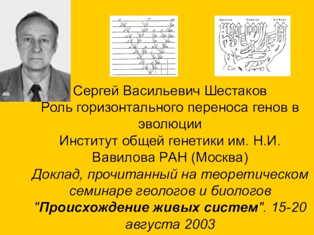 Сергей Васильевич Шестаков Роль горизонтального переноса генов в эволюции Институт общей