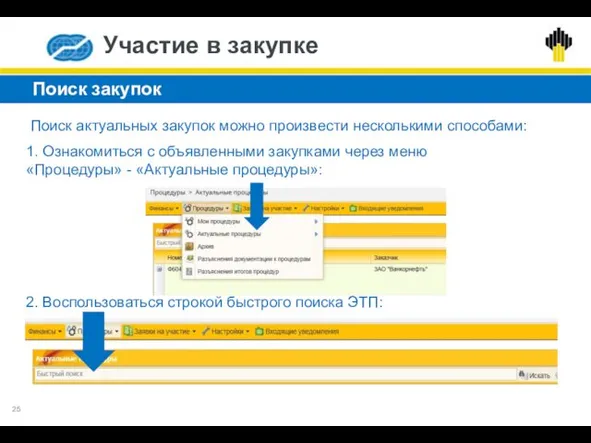 Поиск актуальных закупок можно произвести несколькими способами: Участие в закупке Поиск