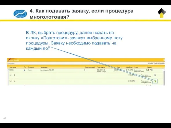 4. Как подавать заявку, если процедура многолотовая? В ЛК, выбрать процедуру,