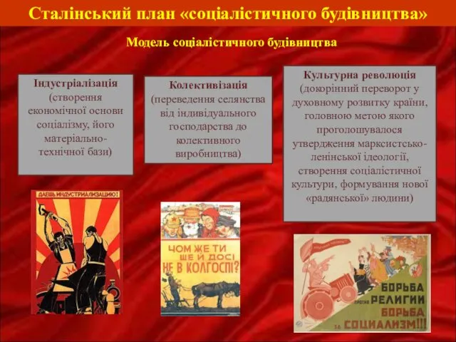 Сталінський план «соціалістичного будівництва» Індустріалізація (створення економічної основи соціалізму, його матеріально-технічної