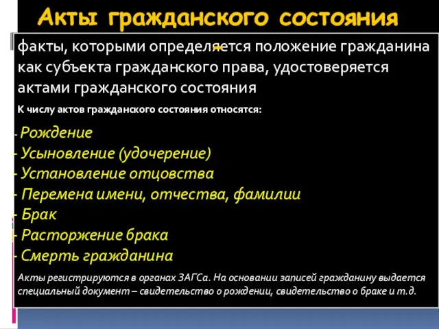 факты, которыми определяется положение гражданина как субъекта гражданского права, удостоверяется актами