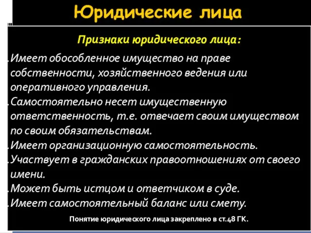 Юридические лица Признаки юридического лица: Имеет обособленное имущество на праве собственности,