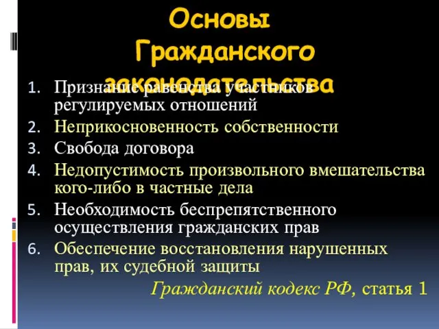 Основы Гражданского законодательства Признание равенства участников регулируемых отношений Неприкосновенность собственности Свобода