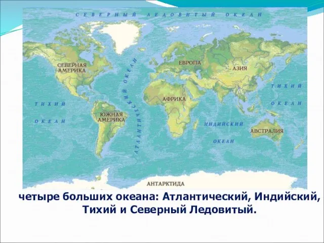 Ученые разделяют мировой водный бассейн на четыре больших океана: Атлантический, Индийский, Тихий и Северный Ледовитый.