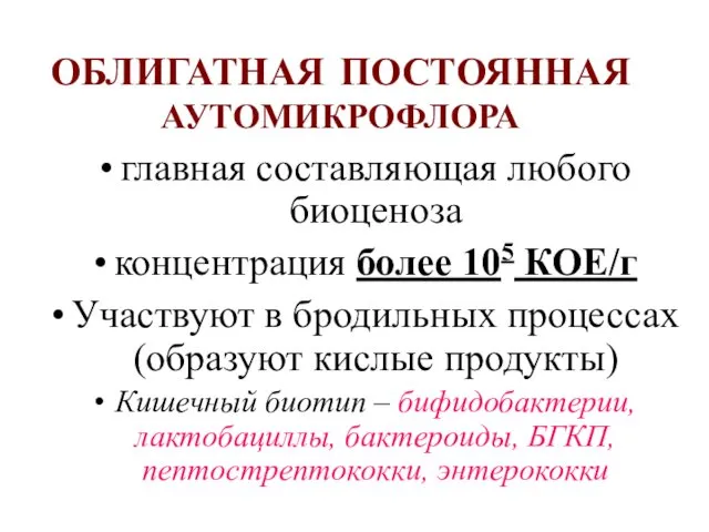 ОБЛИГАТНАЯ ПОСТОЯННАЯ АУТОМИКРОФЛОРА главная составляющая любого биоценоза концентрация более 105 КОЕ/г