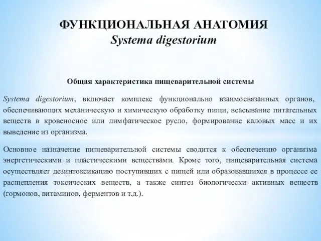 Общая характеристика пищеварительной системы Systema digestorium, включает комплекс функционально взаимосвязанных органов,