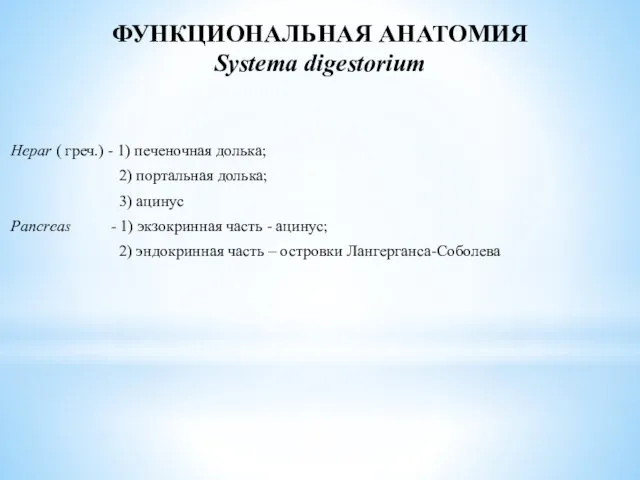 ФУНКЦИОНАЛЬНАЯ АНАТОМИЯ Systema digestorium Hepar ( греч.) - 1) печеночная долька;