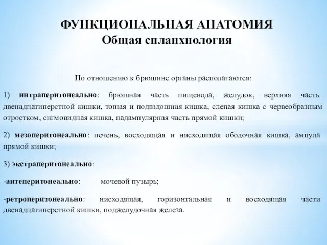 По отношению к брюшине органы располагаются: 1) интраперитонеально: брюшная часть пищевода,