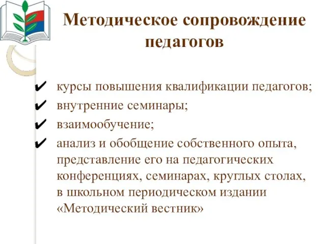 Методическое сопровождение педагогов курсы повышения квалификации педагогов; внутренние семинары; взаимообучение; анализ