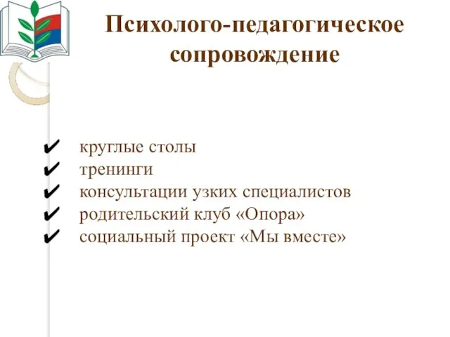 Психолого-педагогическое сопровождение круглые столы тренинги консультации узких специалистов родительский клуб «Опора» социальный проект «Мы вместе»