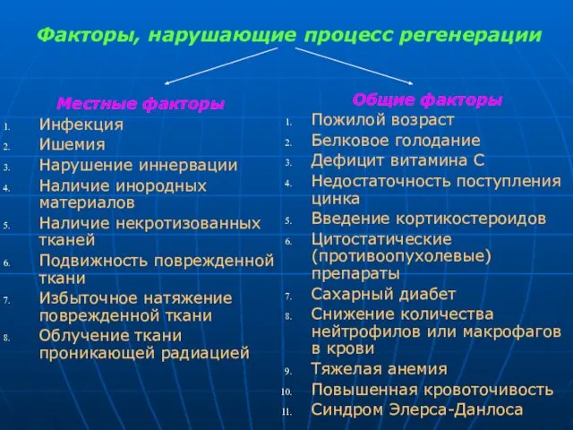 Факторы, нарушающие процесс регенерации Местные факторы Инфекция Ишемия Нарушение иннервации Наличие