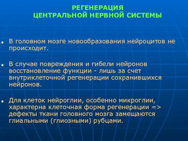 РЕГЕНЕРАЦИЯ ЦЕНТРАЛЬНОЙ НЕРВНОЙ СИСТЕМЫ В головном мозге новообразования нейроцитов не происходит.