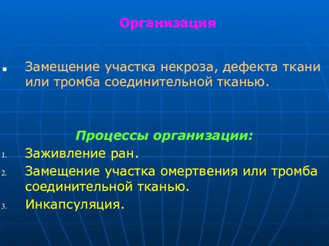 Организация Замещение участка некроза, дефекта ткани или тромба соединительной тканью. Процессы