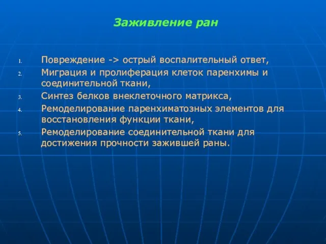 Заживление ран Повреждение -> острый воспалительный ответ, Миграция и пролиферация клеток