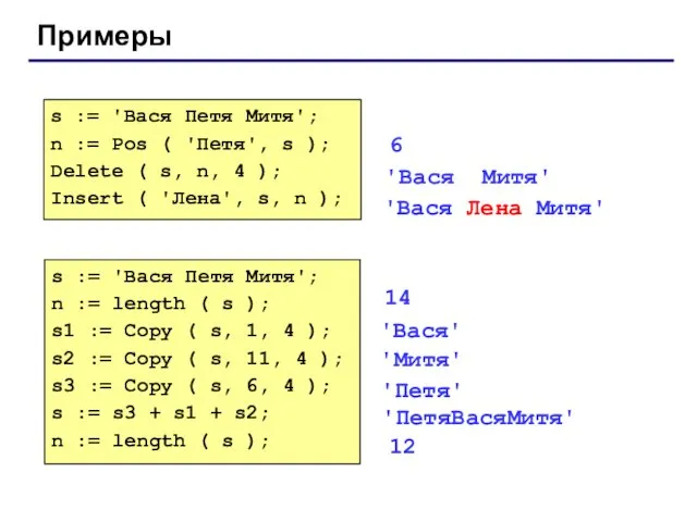 Примеры s := 'Вася Петя Митя'; n := Pos ( 'Петя',