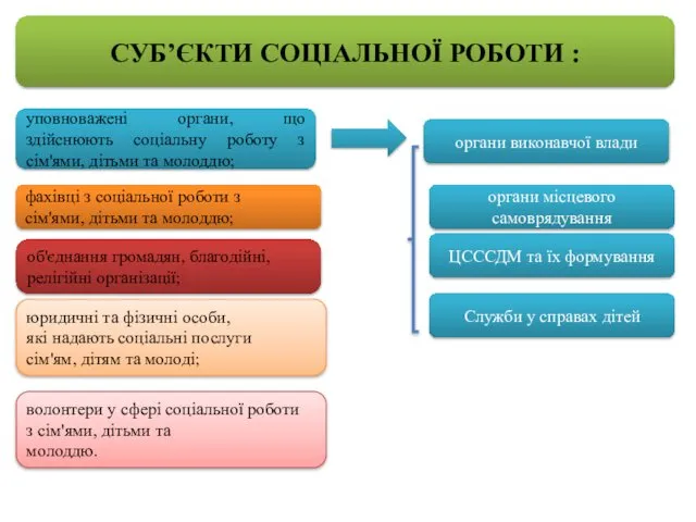 СУБ’ЄКТИ СОЦІАЛЬНОЇ РОБОТИ : уповноважені органи, що здійснюють соціальну роботу з