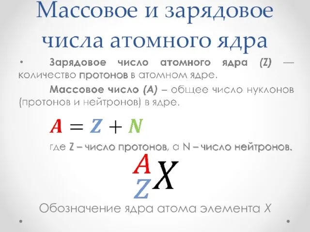 Массовое и зарядовое числа атомного ядра Обозначение ядра атома элемента X