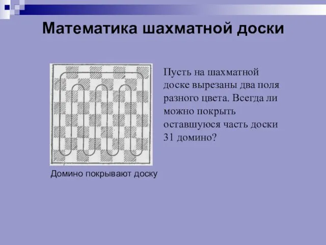 Математика шахматной доски Домино покрывают доску Пусть на шахматной доске вырезаны