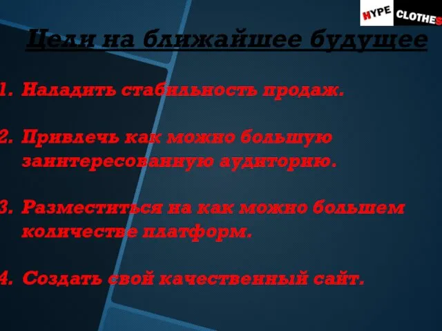 Цели на ближайшее будущее Наладить стабильность продаж. Привлечь как можно большую