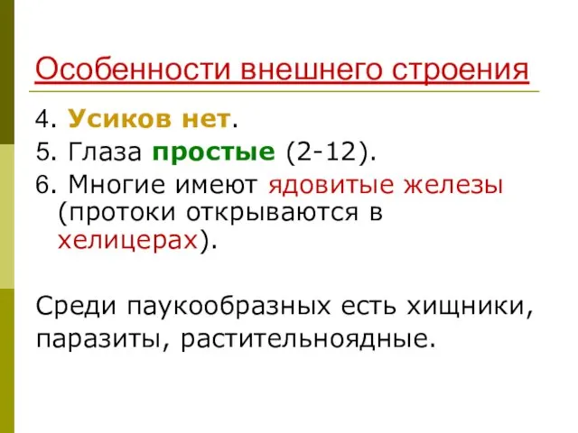 Особенности внешнего строения 4. Усиков нет. 5. Глаза простые (2-12). 6.