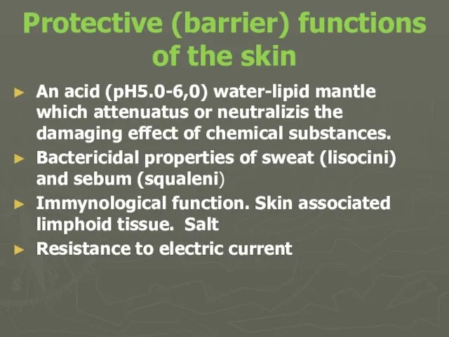 Protective (barrier) functions of the skin An acid (pH5.0-6,0) water-lipid mantle