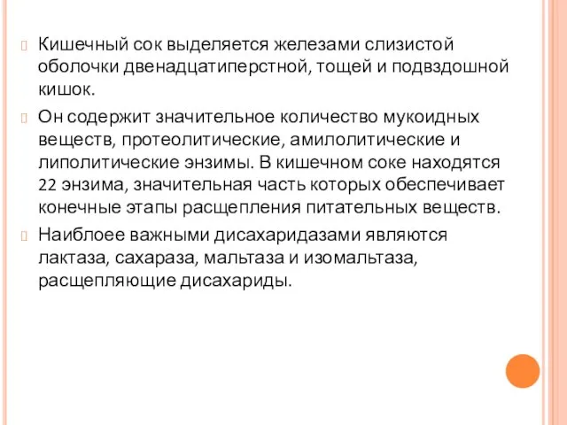 Кишечный сок выделяется железами слизистой оболочки двенадцатиперстной, тощей и подвздошной кишок.