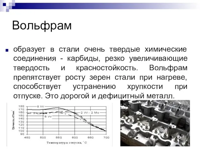 Вольфрам образует в стали очень твердые химические соединения - карбиды, резко