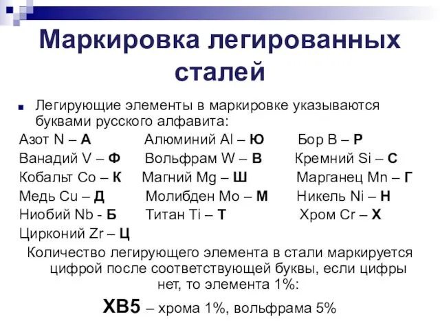 Маркировка легированных сталей Легирующие элементы в маркировке указываются буквами русского алфавита:
