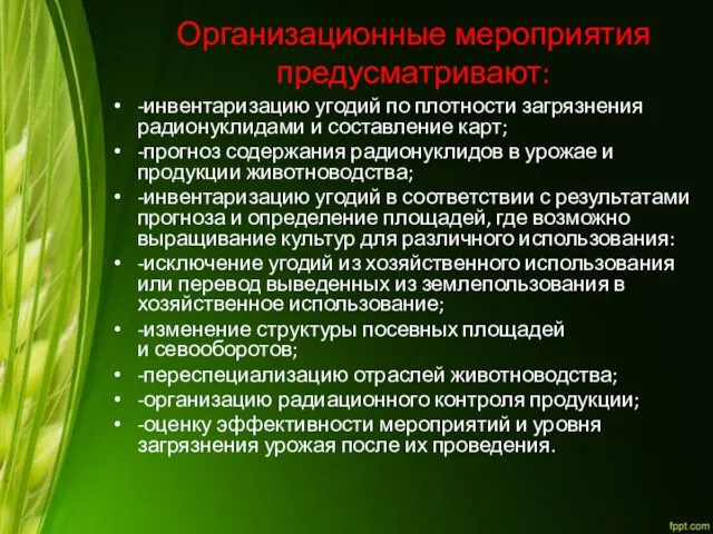 Организационные мероприятия предусматривают: -инвентаризацию угодий по плотности загрязнения радионуклидами и составле­ние