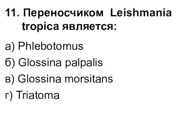 11. Переносчиком Leishmania tropica является: а) Phlebotomus б) Glossina palpalis в) Glossina morsitans г) Triatoma