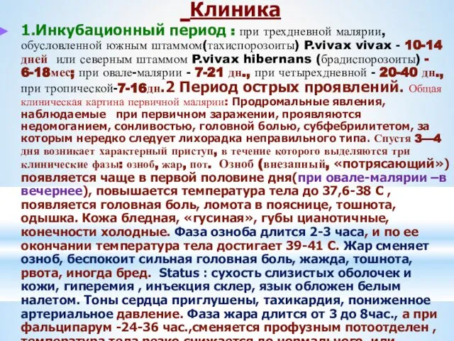 Клиника 1.Инкубационный период : при трехдневной малярии, обусловленной ​​южным штаммом(тахиспорозоиты) P.vivax