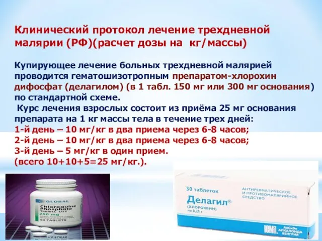 Клинический протокол лечение трехдневной малярии (РФ)(расчет дозы на кг/массы) Купирующее лечение