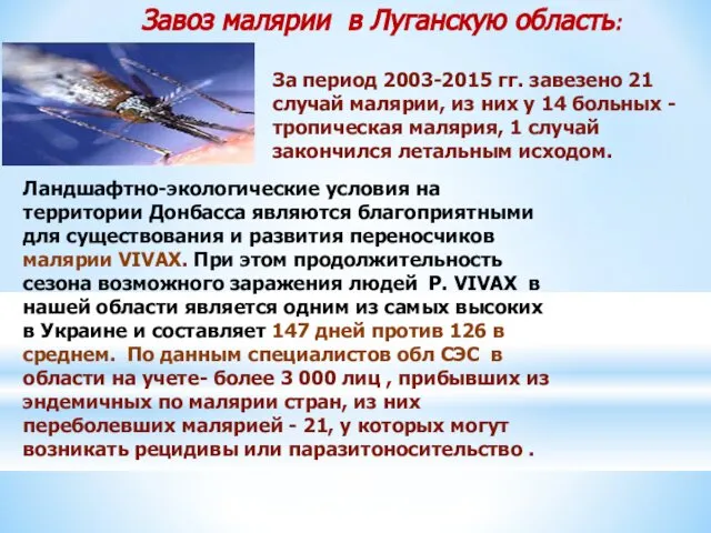 Завоз малярии в Луганскую область: За период 2003-2015 гг. завезено 21