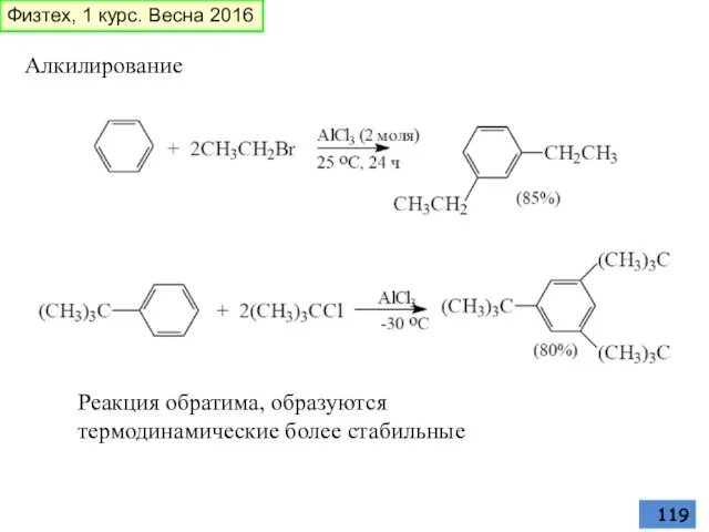 Алкилирование Реакция обратима, образуются термодинамические более стабильные Физтех, 1 курс. Весна 2016