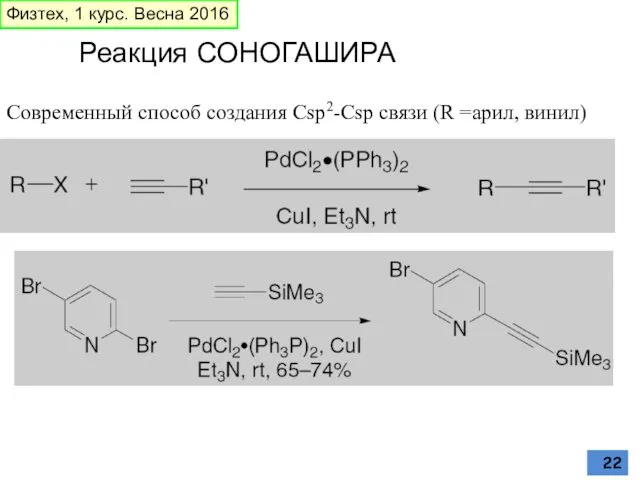 Реакция СОНОГАШИРА Современный способ создания Csp2-Csp связи (R =арил, винил) Физтех, 1 курс. Весна 2016