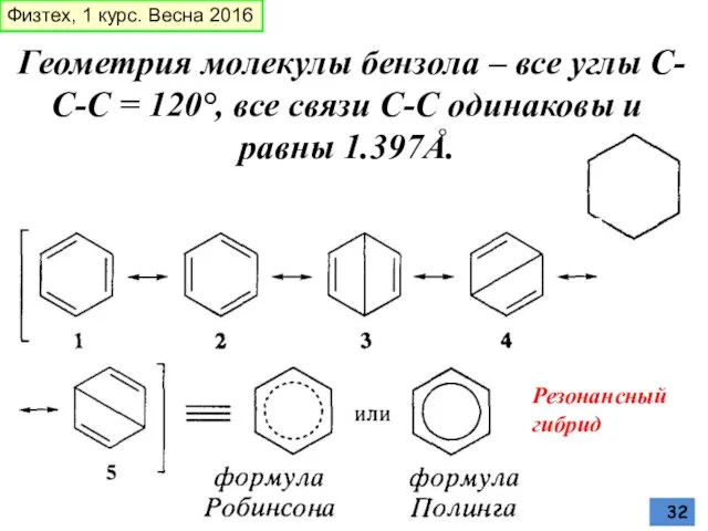 Геометрия молекулы бензола – все углы С-С-С = 120°, все связи