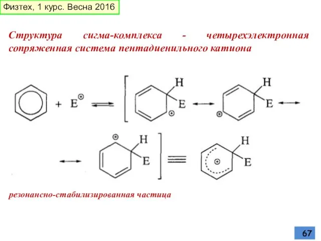 Структура сигма-комплекса - четырехэлектронная сопряженная система пентадиенильного катиона резонансно-стабилизированная частица Физтех, 1 курс. Весна 2016