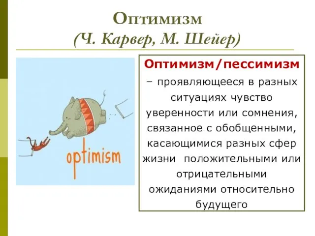 Оптимизм (Ч. Карвер, М. Шейер) Оптимизм/пессимизм – проявляющееся в разных ситуациях