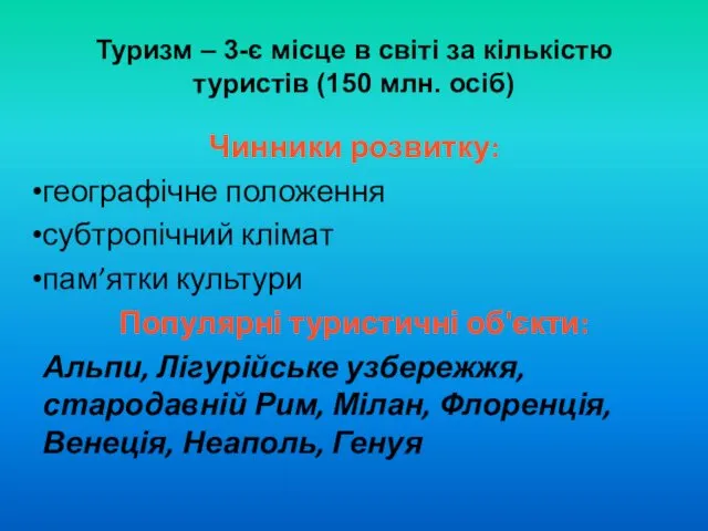 Туризм – 3-є місце в світі за кількістю туристів (150 млн.