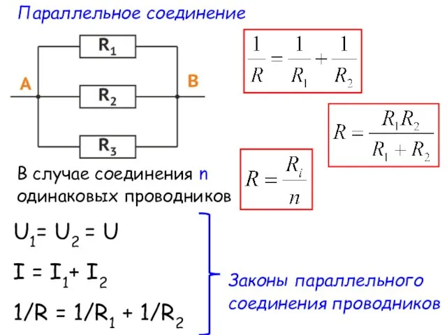 В случае соединения n одинаковых проводников U1= U2 = U I