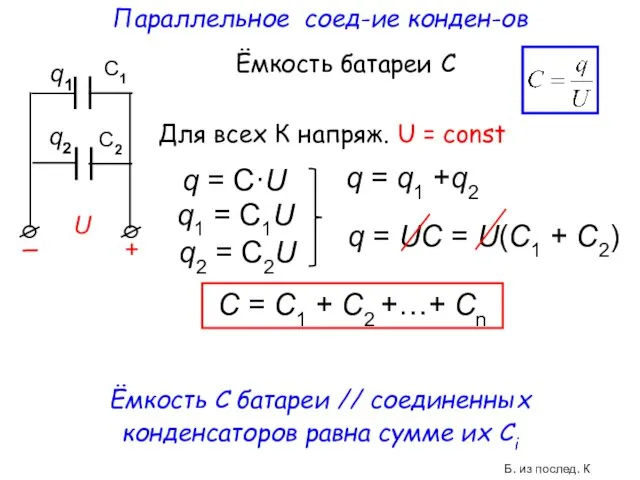 Параллельное соед-ие конден-ов Для всех К напряж. U = const q2