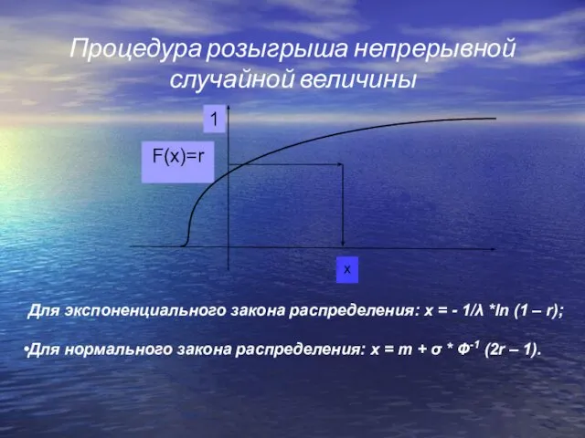 Процедура розыгрыша непрерывной случайной величины Для экспоненциального закона распределения: x =